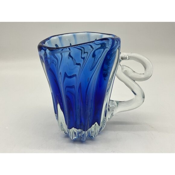 Hand Blown Art Glass Mis-Shapened Blue and Clear Glass 5.25 Inches Tall w/Handle - Picture 6 of 16